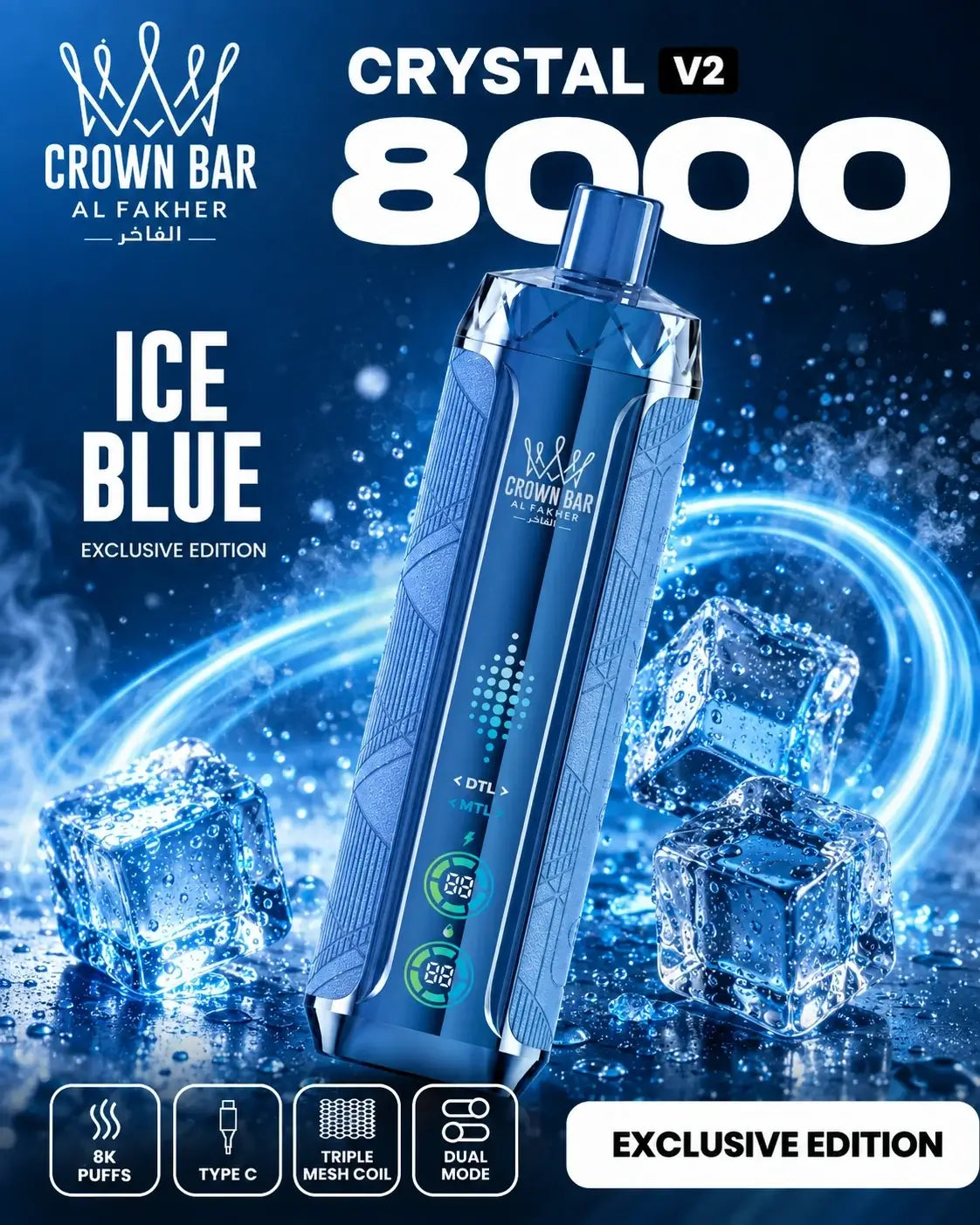 Al Fakher Crystal V2 8000 Ice Blue mit Eiswürfeln