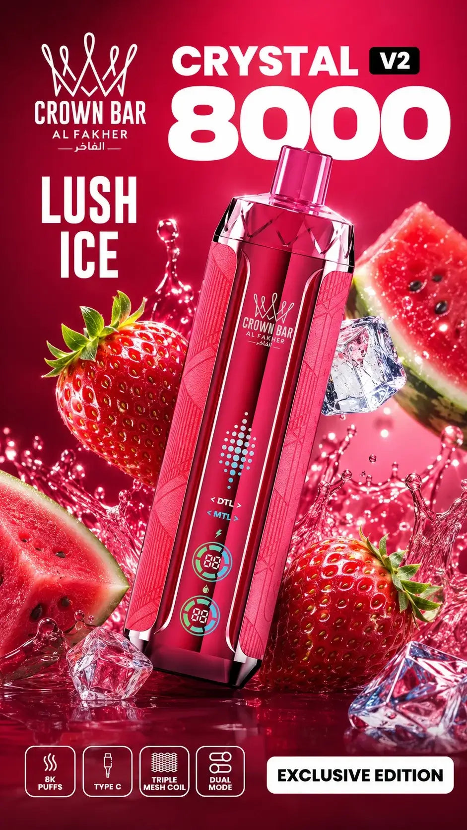 Al Fakher Crystal V2 8000 Lush Ice mit Wassermelone und Erdbeere