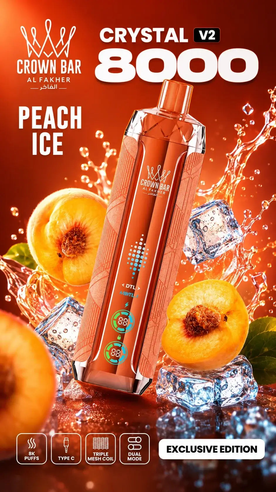 Al Fakher Crystal V2 8000 Peach Ice mit Pfirsich und Eiswürfeln