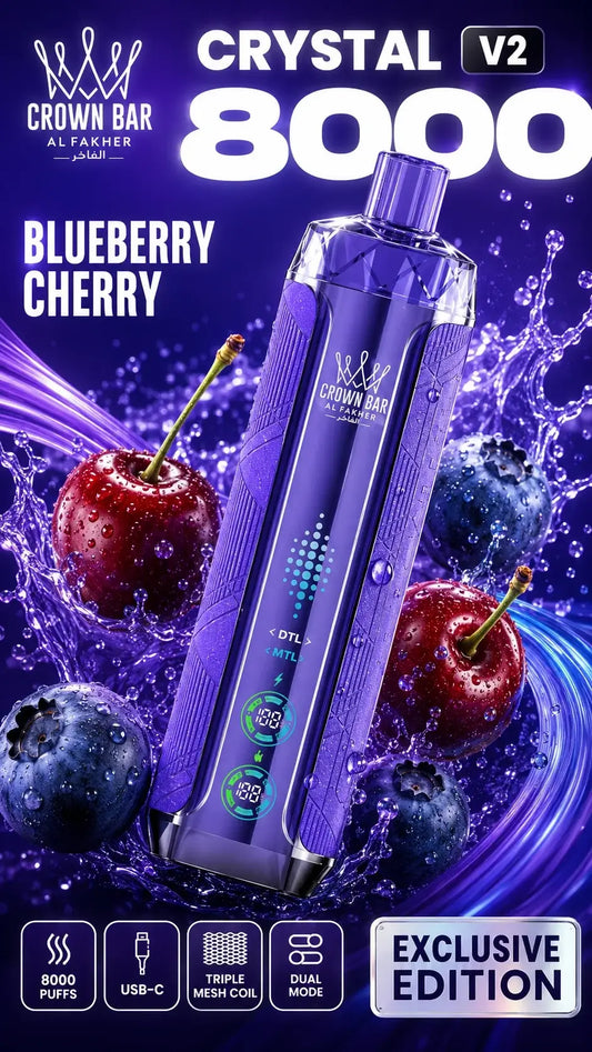 Al Fakher Crystal V2 8000 Blueberry Cherry mit Blaubeeren und Kirschen
