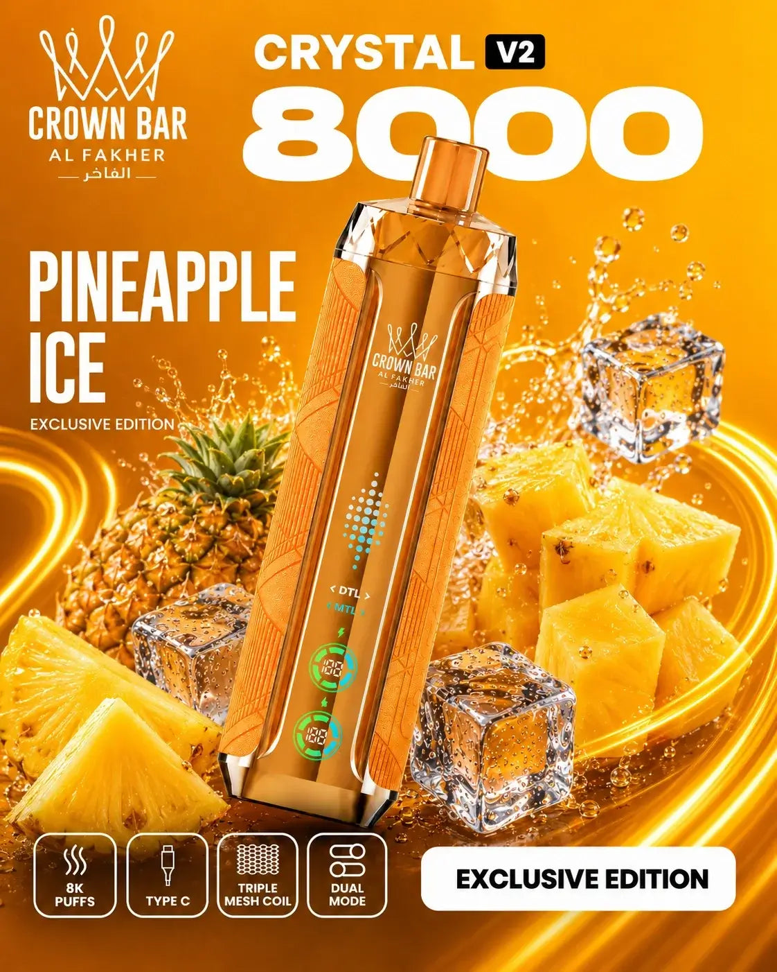 Al Fakher Crystal V2 8000 Pineapple Ice Vape mit Ananas und Eiswürfeln