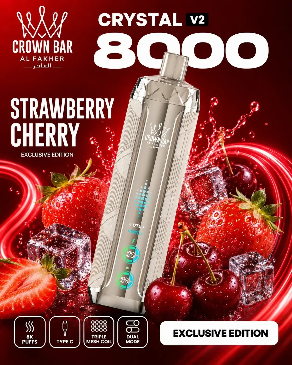 Al Fakher Crystal V2 8000 Strawberry Cherry Vape mit Erdbeeren und Kirschen